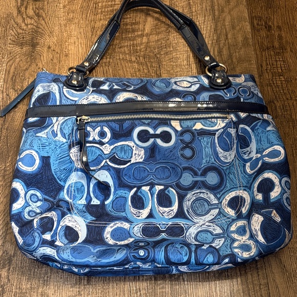 Coach Handbags - Coach Blue Poppy Glam Patterned Tote with Patent Trim